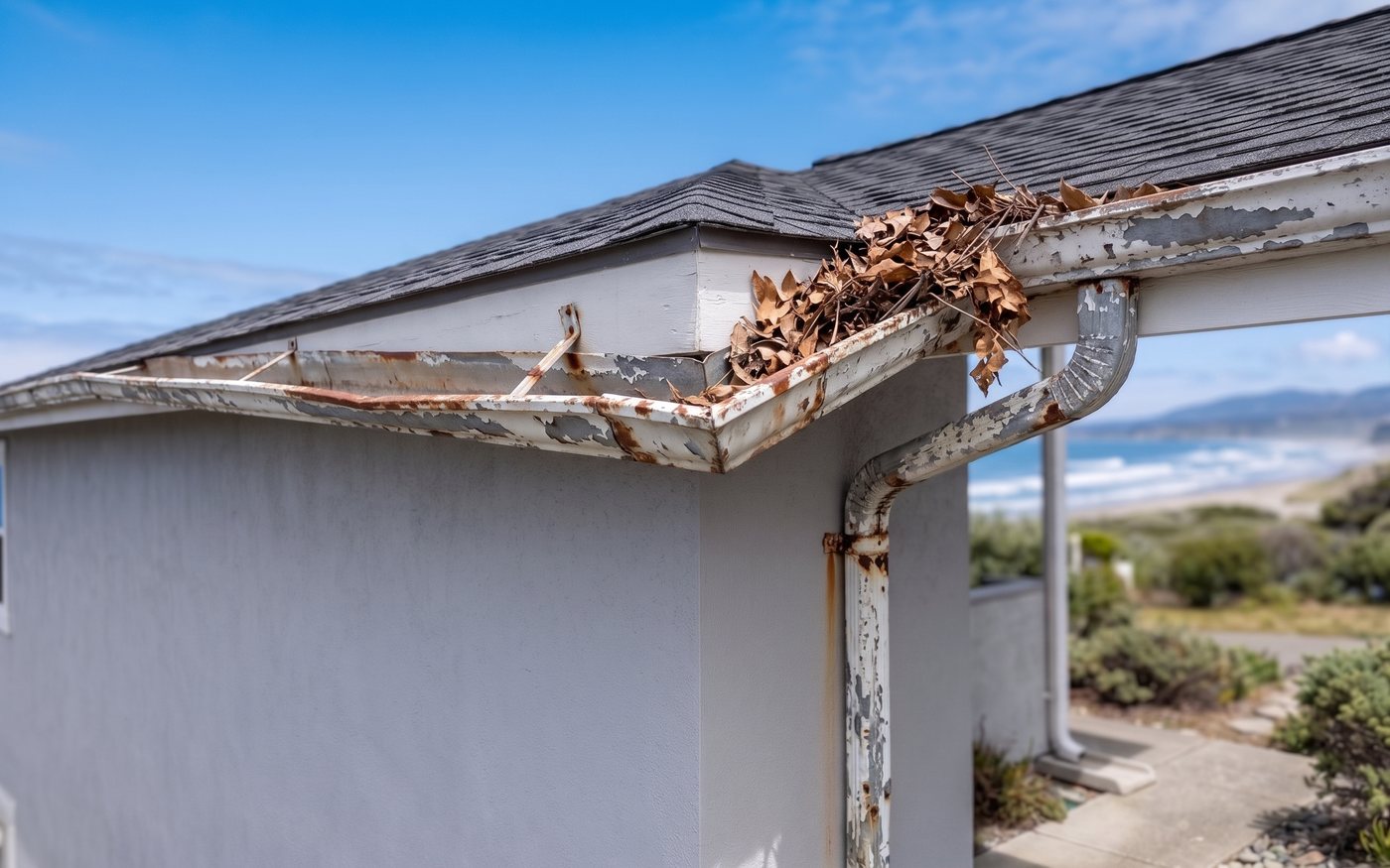 The same roofline before new gutters, with a sagging, rusted run