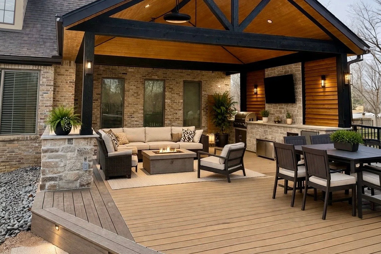 Covered patio outdoor living room with seating