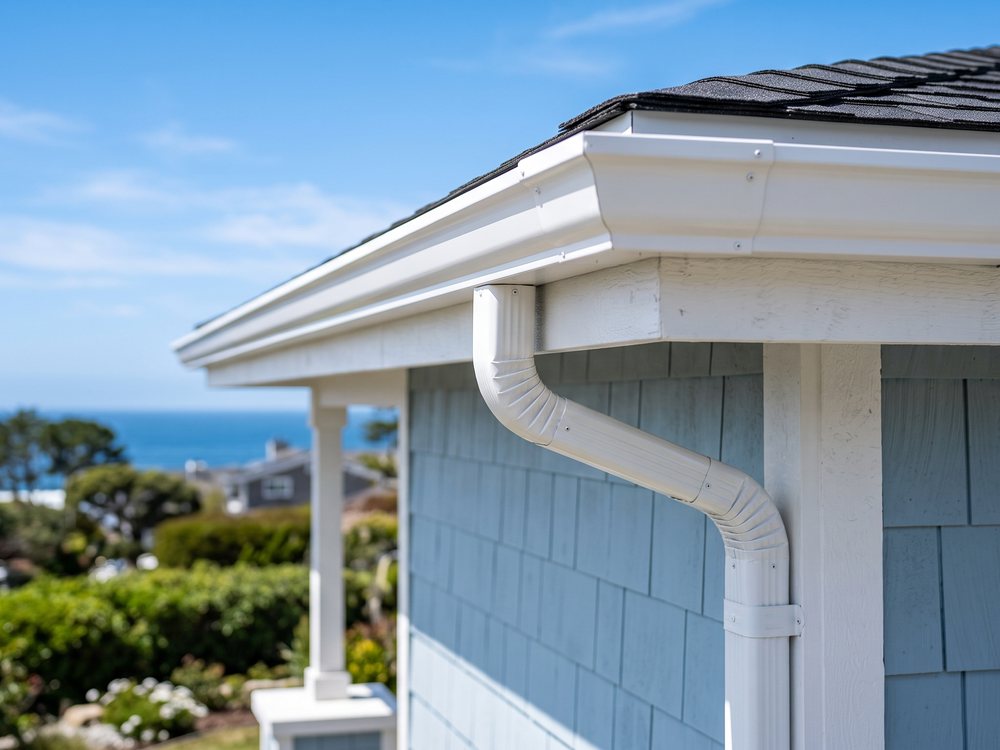 Finished white seamless gutter along a roofline with an ocean view