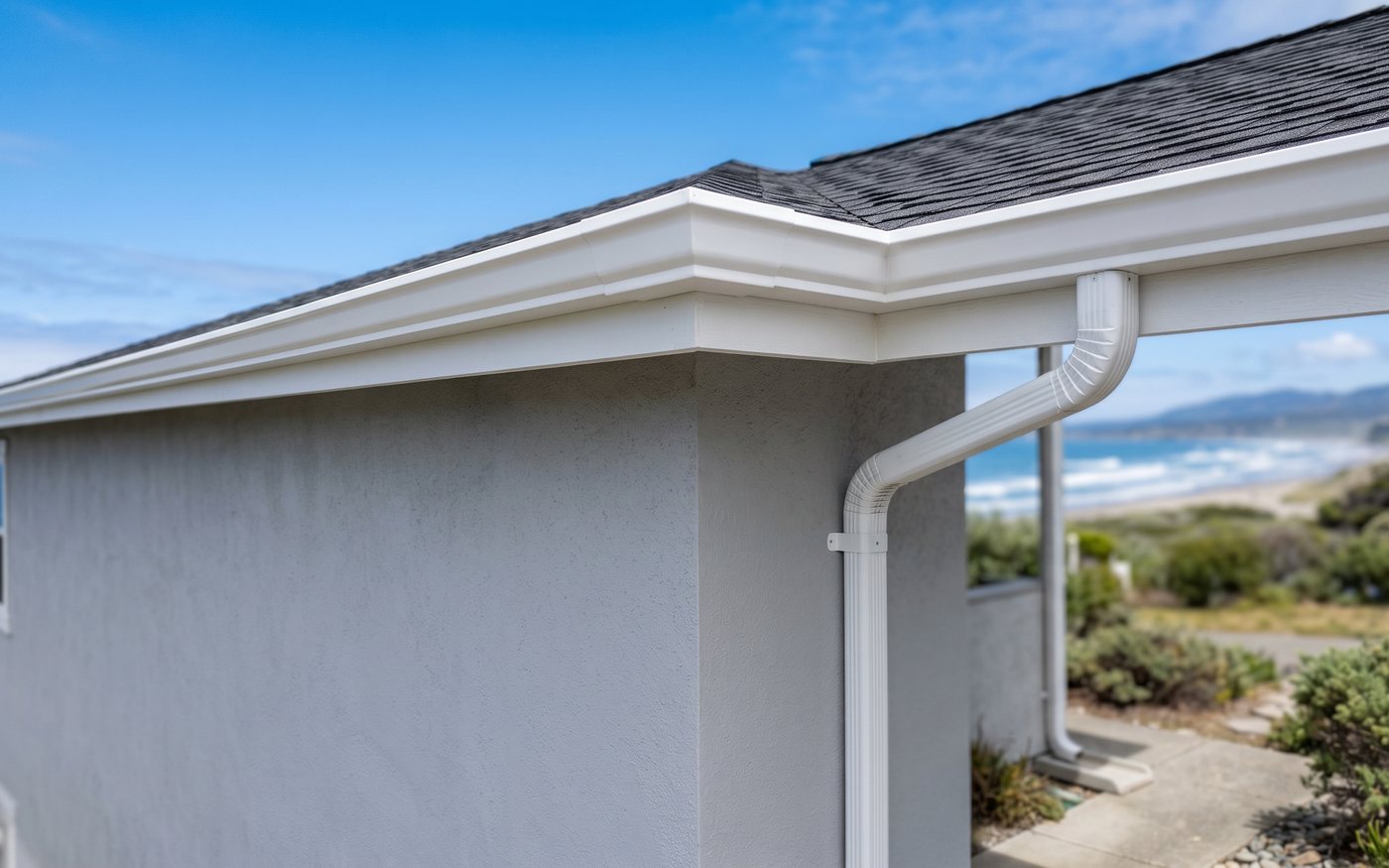 Close up of a new white seamless gutter and downspout on a coastal home