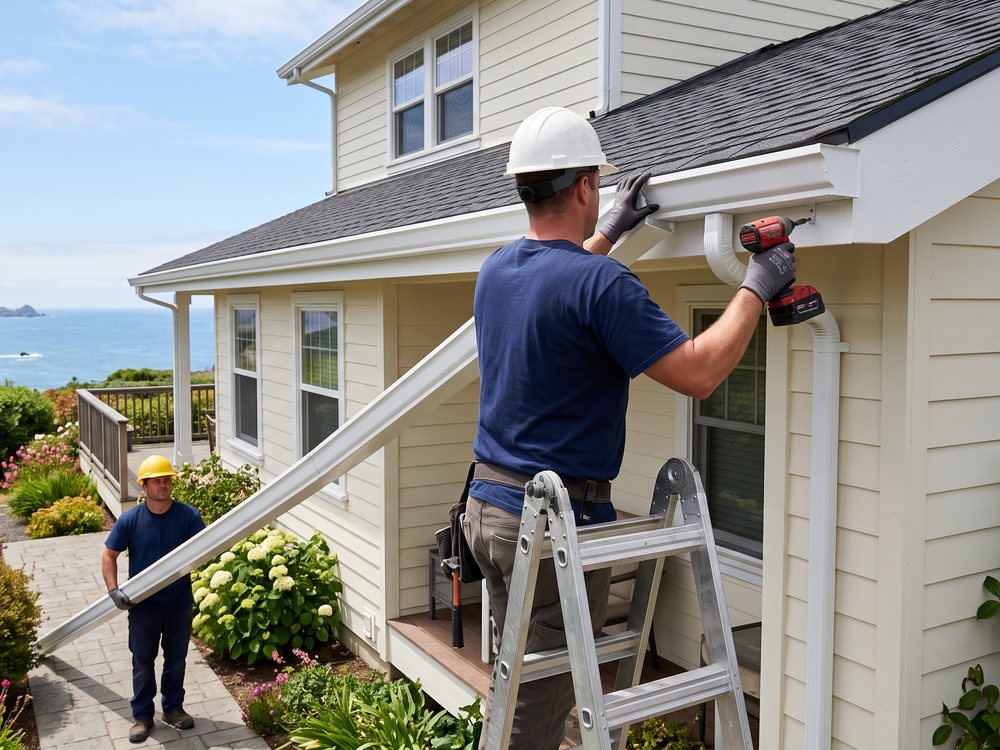 Roofer installing a new seamless gutter run