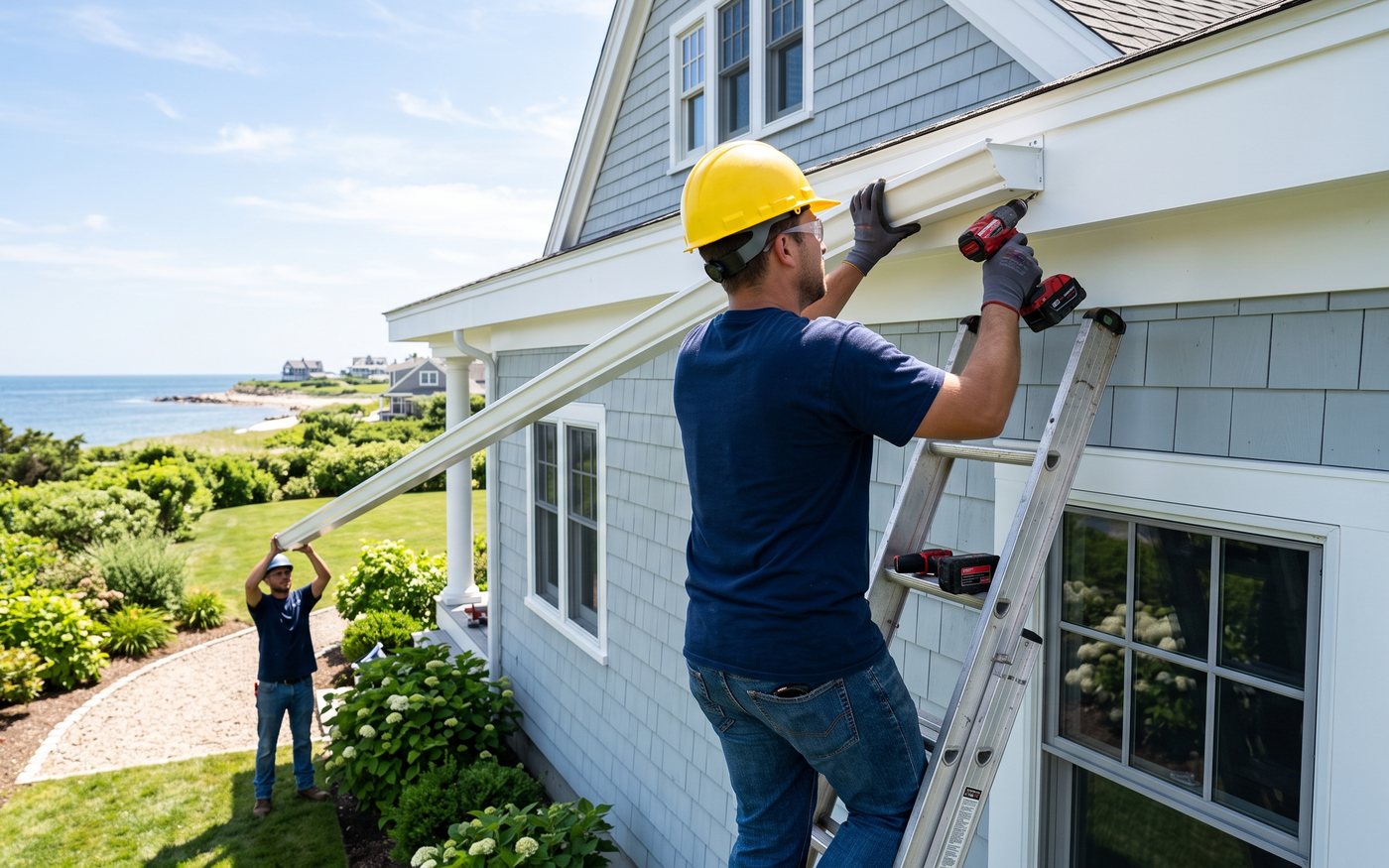 Crew installing a new seamless gutter run on a coastal home