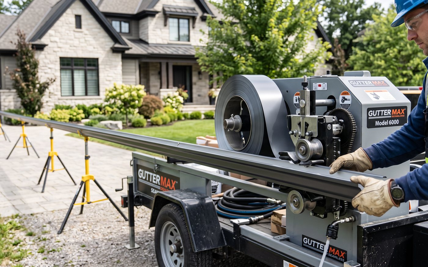Seamless gutter machine forming a new gutter run on site