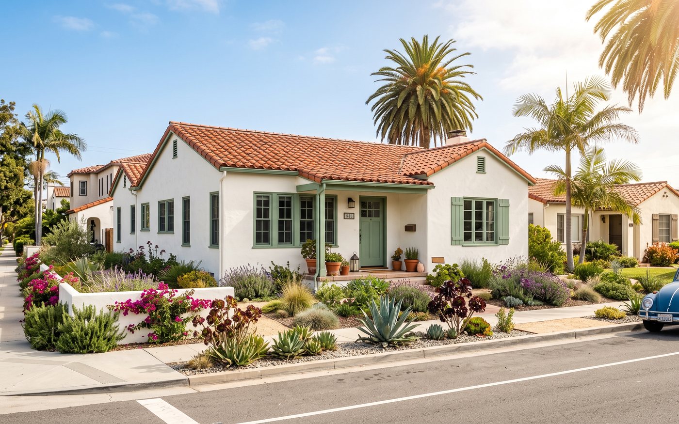 Finished exterior repaint on a Spanish style coastal bungalow