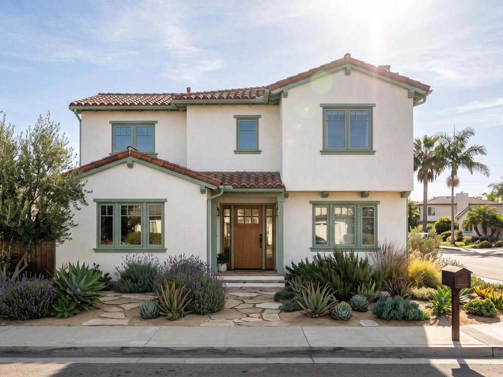 Finished exterior repaint on a two story Spanish style coastal home