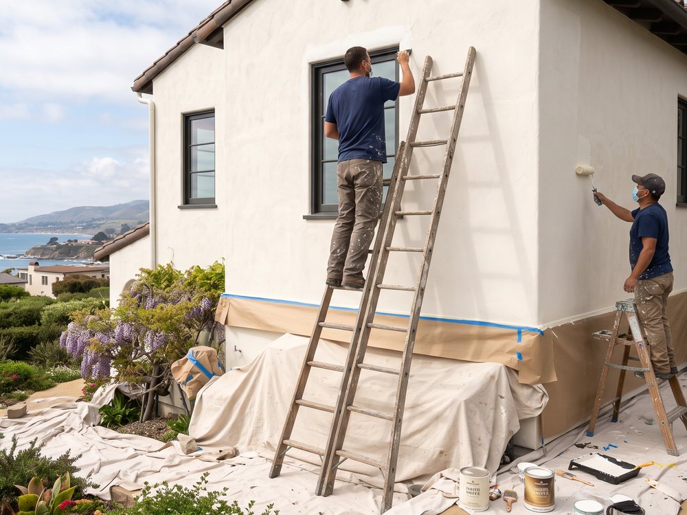Painting crew working on a coastal Southern California hillside home