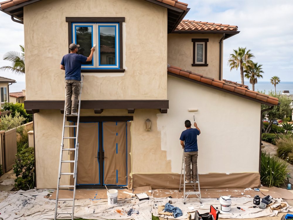 Painting crew working on a tan Mediterranean style coastal home