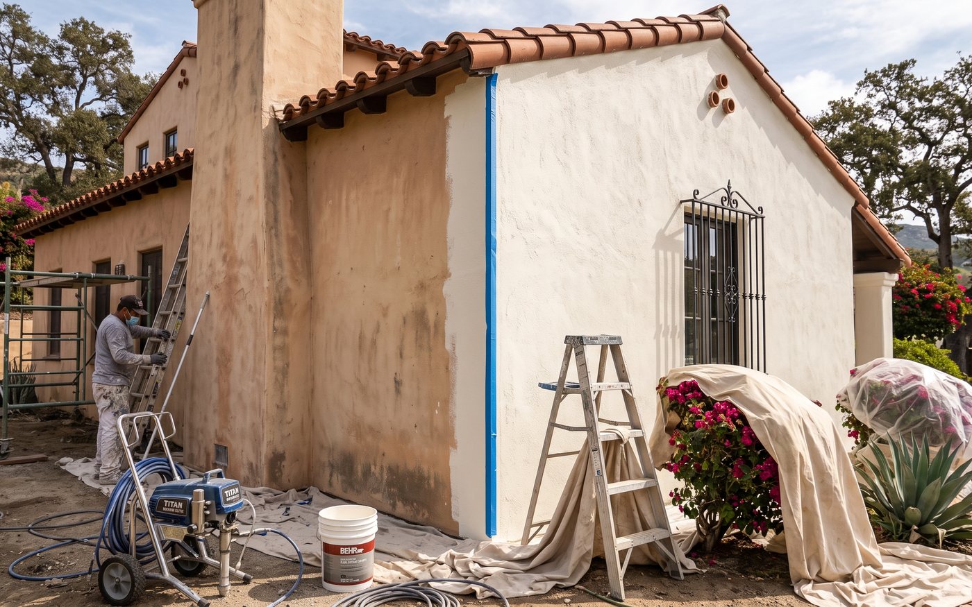 Painter spraying fresh warm white paint on a stucco home