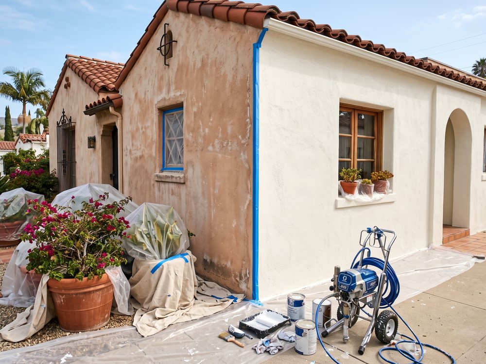 Exterior paint job in progress with a sprayer staged in front of a half painted wall