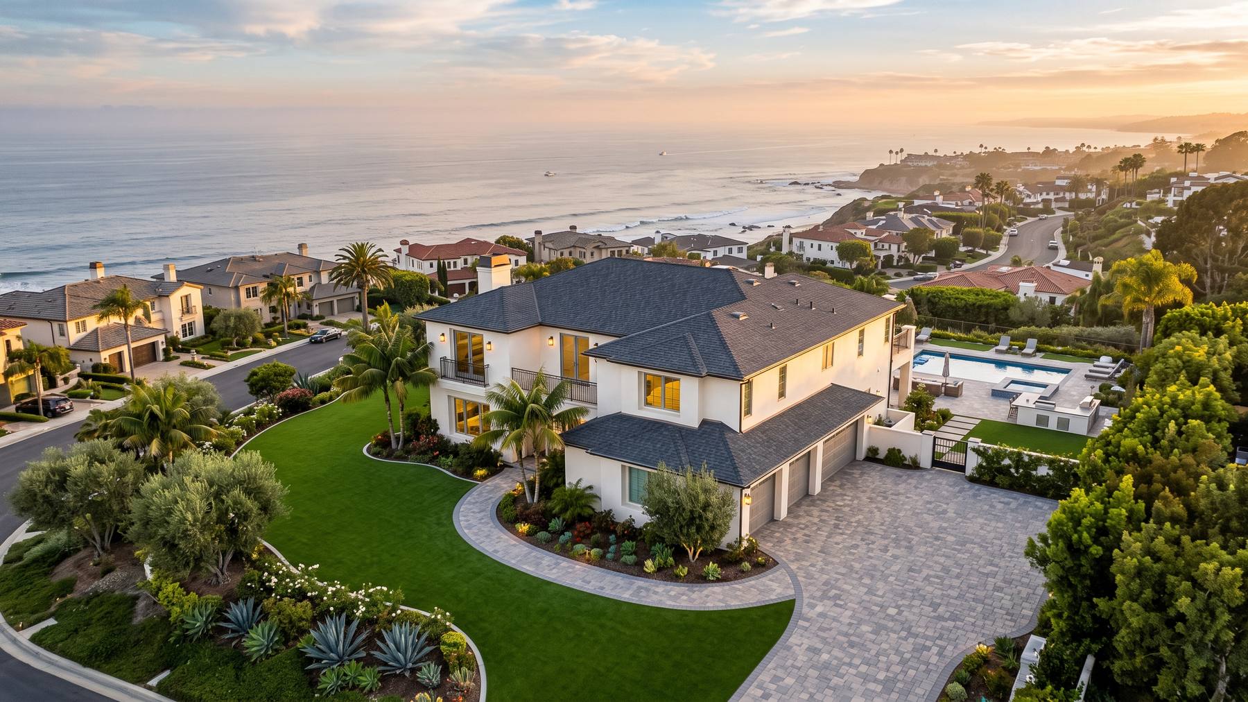 Finished shingle roof on an upscale coastal Orange County estate at dusk