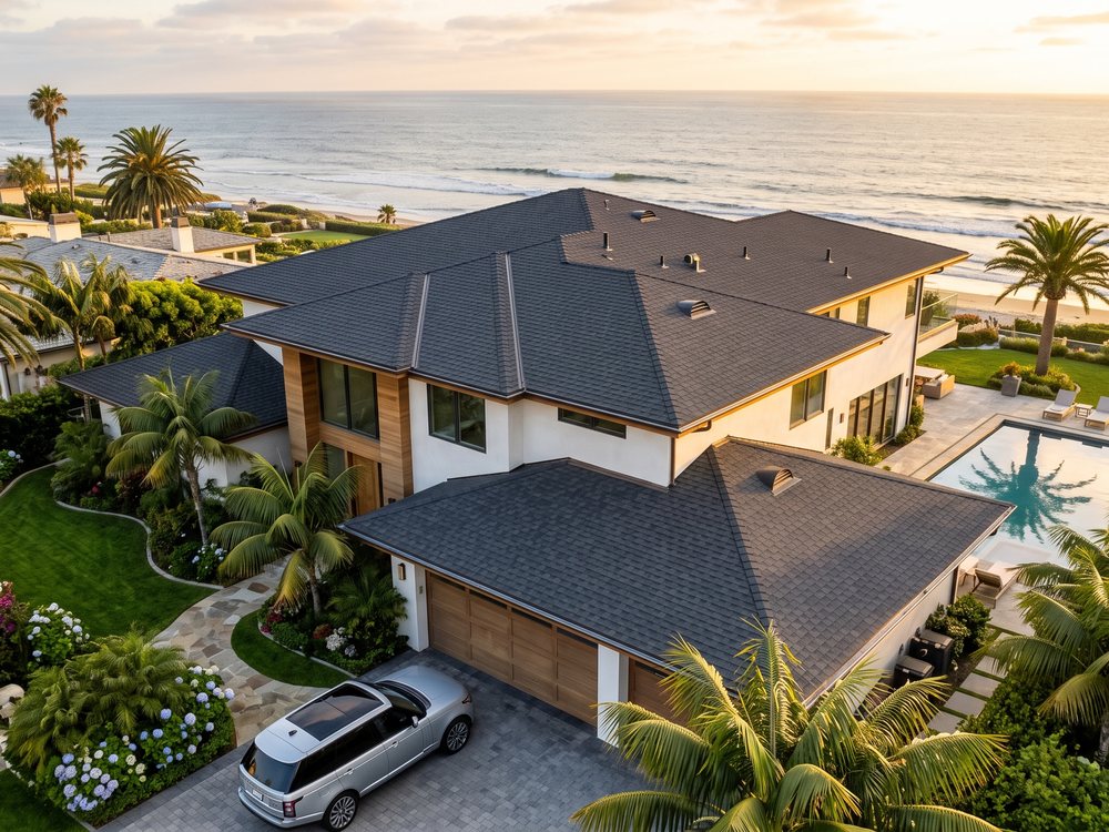Completed shingle and tile roof system glowing under a warm evening sky, built for sustained inland heat