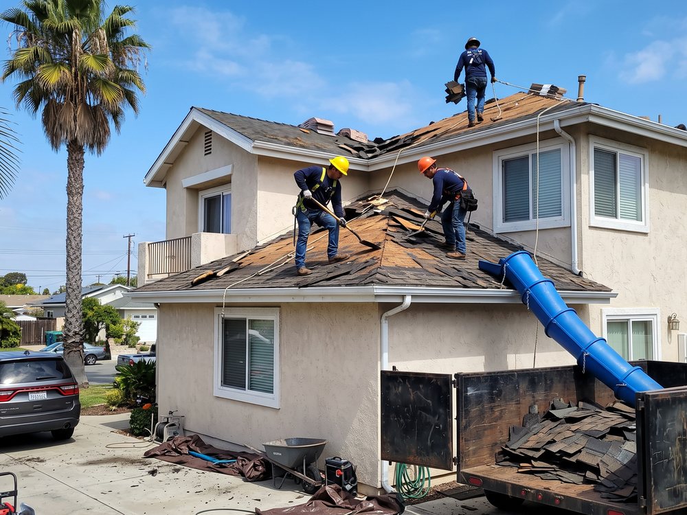 Roofing crew tearing off an old roof down to the deck