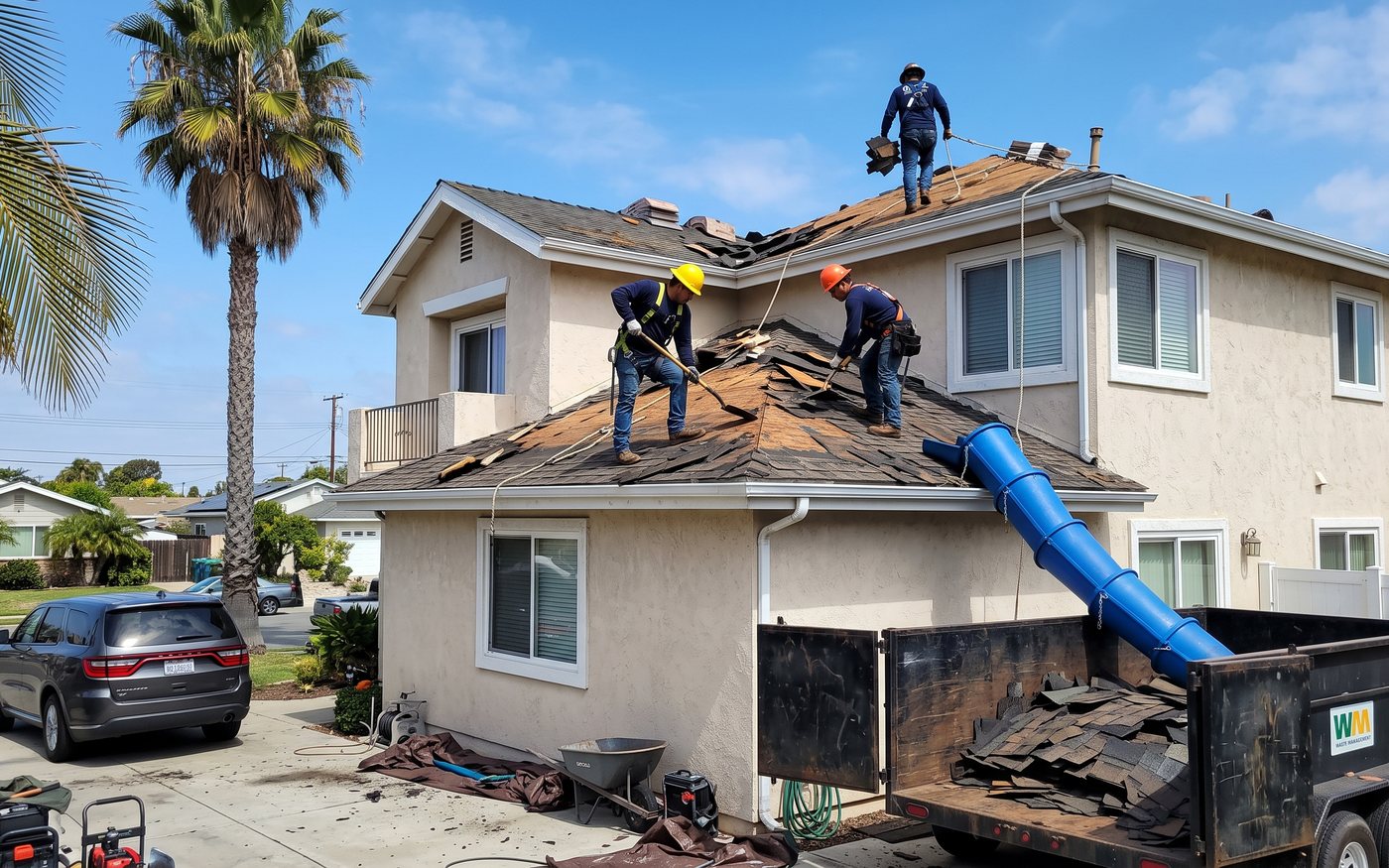 Three-man roofing crew mid tear-off on a coastal home