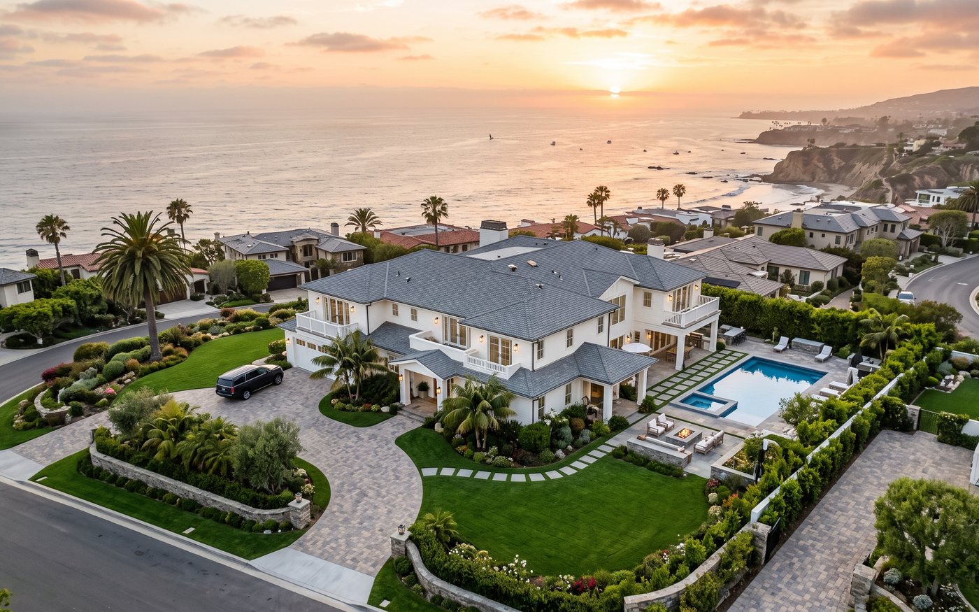 Drone view of a finished gray shingle roof on an upscale coastal home at golden hour