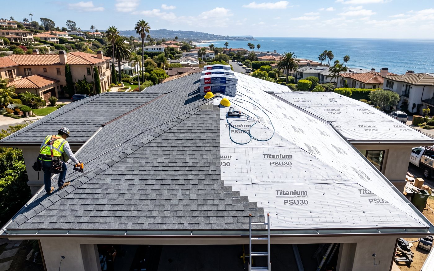 Aerial view of a roof half shingled and half fresh underlayment near the coast