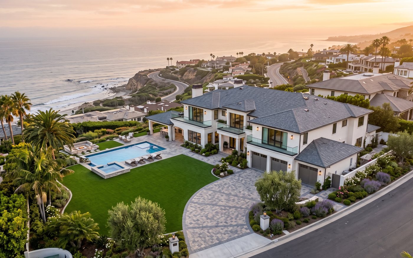 Finished artificial turf lawn and paver driveway on a coastal estate at dusk