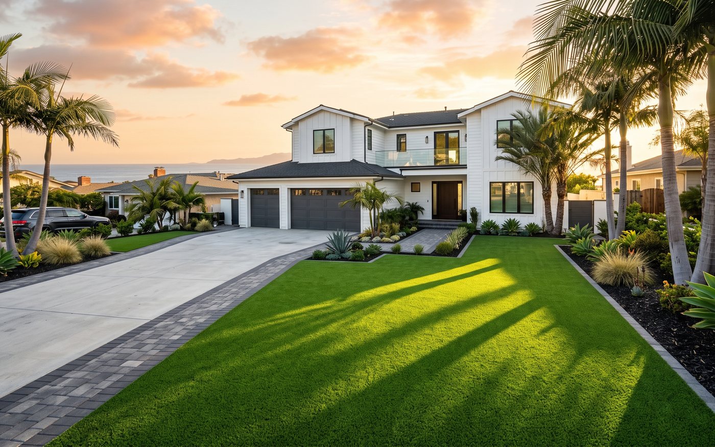 Finished artificial turf lawn and paver driveway on a modern coastal home