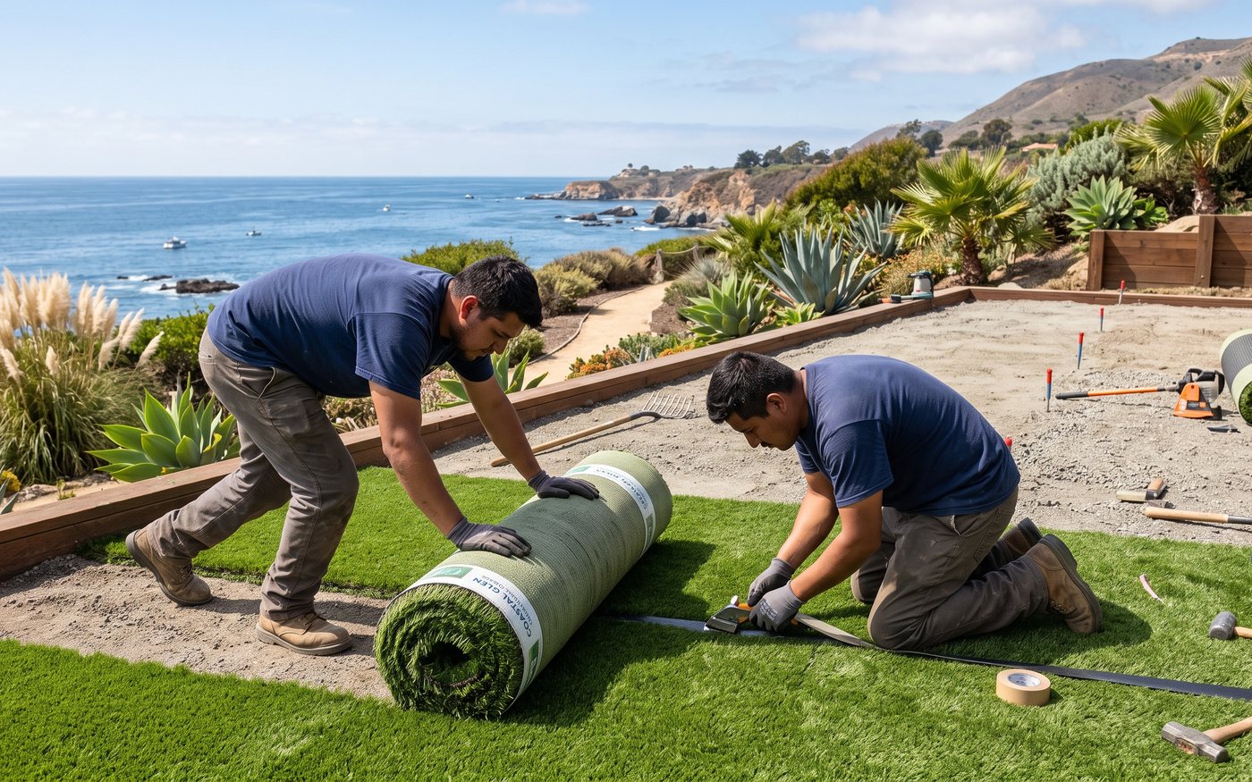 Crew rolling out artificial turf in a coastal backyard