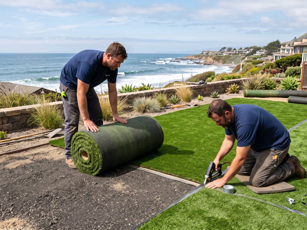 Crew rolling out fresh artificial turf in a backyard overlooking the coast