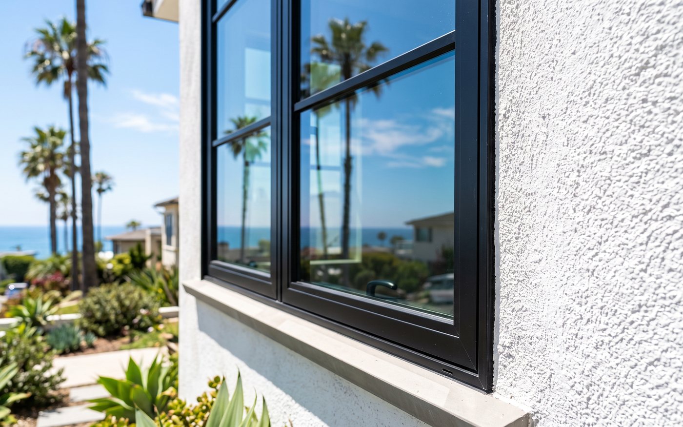 New black framed window with palm tree reflection on a coastal home