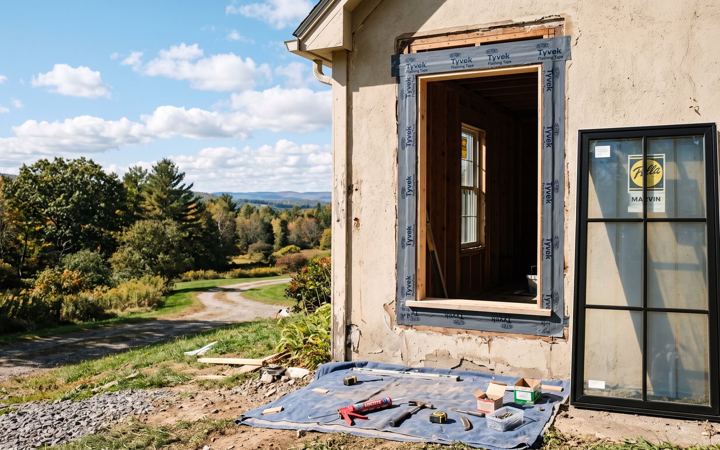 Window opening prepped and flashed with a new frame staged for install