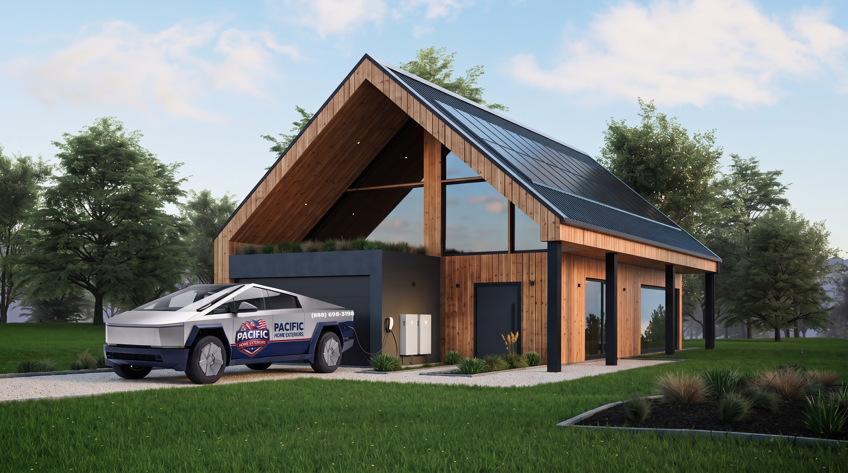 Modern Southern California home with a standing seam metal roof and the Pacific Home Exteriors truck charging in the driveway