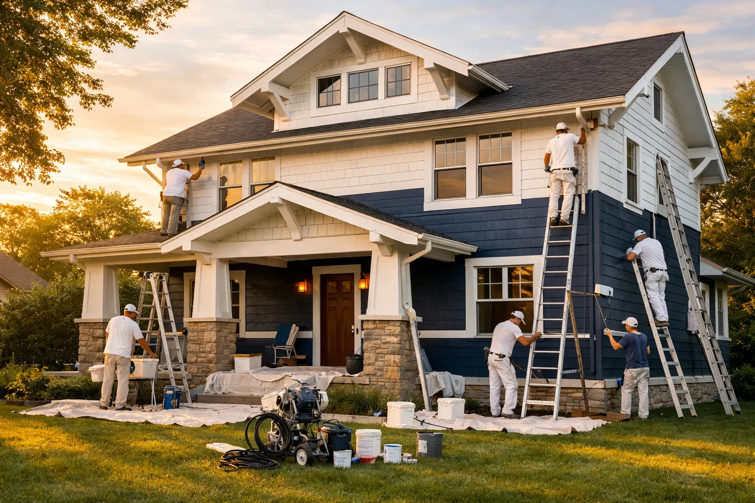 Painter applying fresh exterior paint to a home